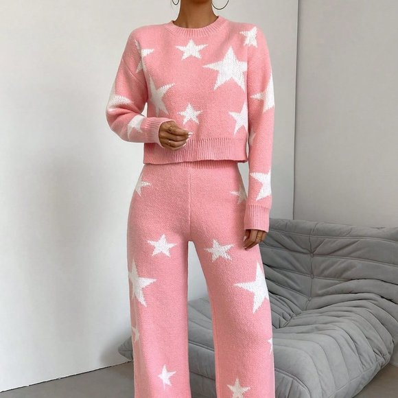 Pink Casual Womens Star Pattern Sweater & Knit Pants - Picture 3 of 5